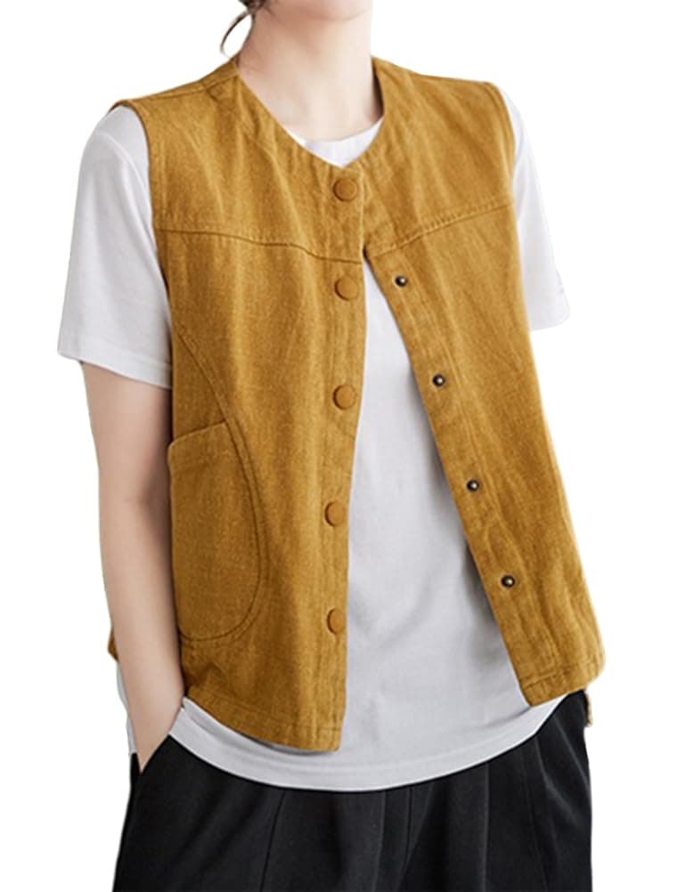 Womens Cotton Linen Vest Casual Button Down Sleeveless Spring Jackets