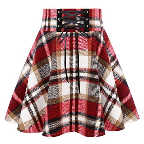 Wool Plaid Mini Gothic Skirts for Women — Wine