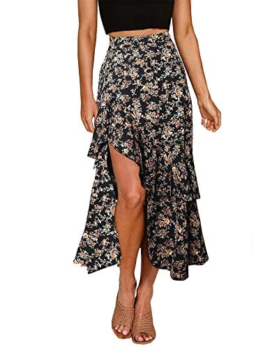 BTFBM Women's 2025 Summer Floral Print Elastic Waist High-Low Boho Maxi Skirt — Print Floral Black