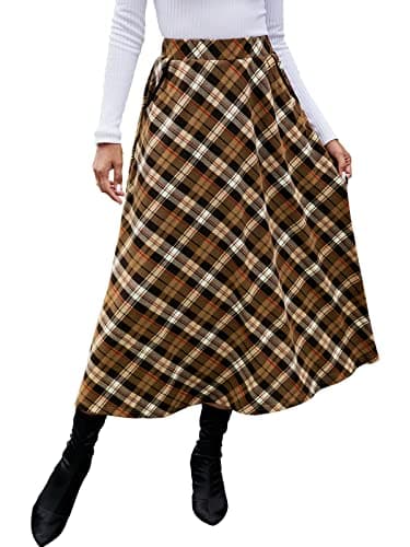 HUSKARY Classic High-Elastic Waist Plaid Midi Skirt for Women