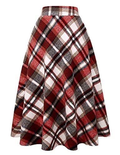 Women's Long Plaid Wool Skirt for Winter: High Waisted A-line Flare — Wine Red