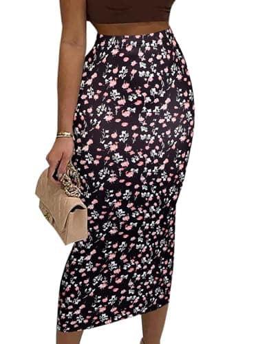 Avanova Women's Floral Print Pencil Midi High-Waisted Skirt — Black Flower