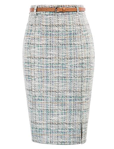 Women's Tweed Pencil Skirt with Slit and Belt — Tweed-green