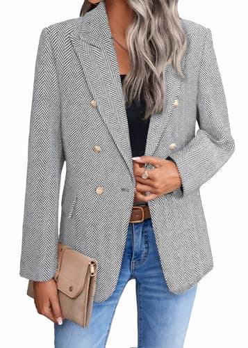 Mina Self 2025 Women's Spring Plaid Tweed Lapel Blazer Jacket with Pockets — Herringbone/Grey