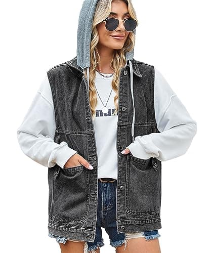 PAODIKUAI Women's Oversized Distressed Denim Vest Jackets — A3-black With Hood