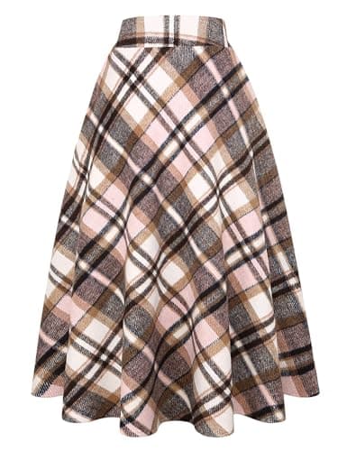 Women's Long Plaid Wool Skirt for Winter: High Waisted A-line Flare — Pink 01