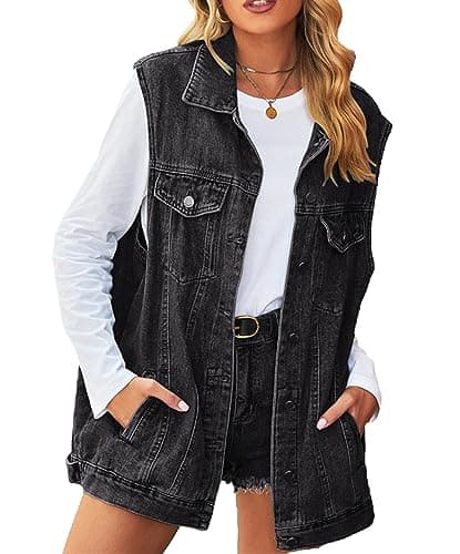 PAODIKUAI Women's Oversized Distressed Denim Vest Jackets — A2-black