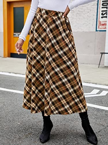 HUSKARY Classic High-Elastic Waist Plaid Midi Skirt for Women