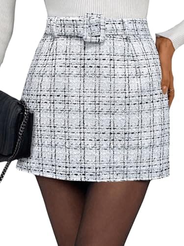 Milumia Women's Plaid High-Waisted Straight Mini Skirt with Tweed Belt — White