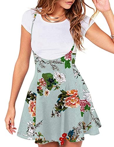 Jedyful Women's Casual High Waist Flare Skater Skirt with Shoulder Straps — 01-y-green Floral