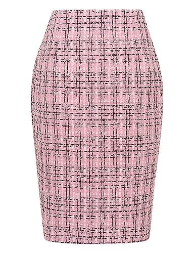 2024 Fall/Winter Plaid Midi Skirt for Women — Tweed Pink New