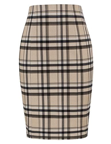 Women's Kate Kasin Knee-Length Elastic Waist Stretch Plaid Business Skirt — Plaid Khaki