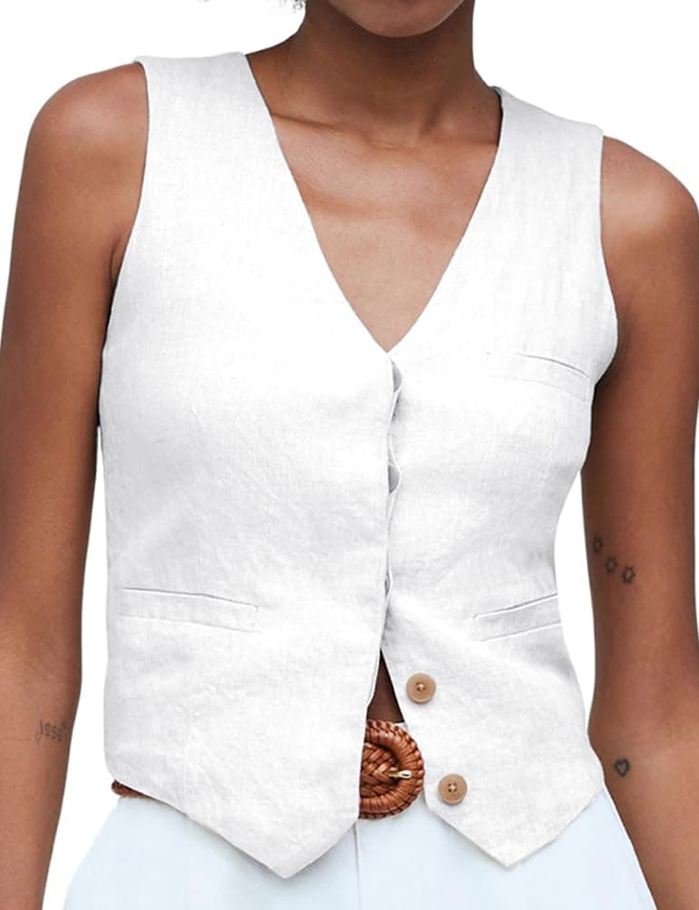 IDEALSANXUN Women's Summer Linen V-Neck Button-Down Suit Vest