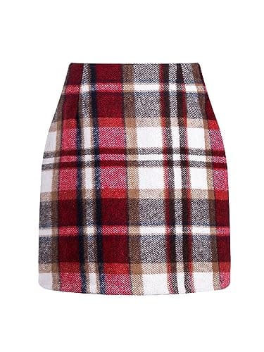 Scacto Women's Casual High Waist Plaid Wool Mini Skirt — A Red