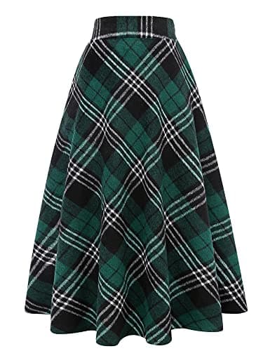 Women's Long Plaid Wool Skirt for Winter: High Waisted A-line Flare — Green 01