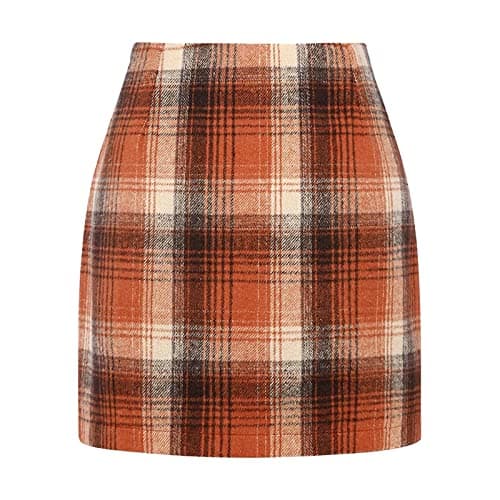Elastic Waist Zipper Pencil Skirt: Vintage Women's Plaid Mini Above Knee Short Skirts — 05-orange Plaid