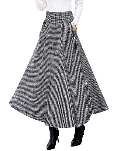 Women's High Waisted Wool Plaid A-line Skirt for Fall/Winter — Black&white