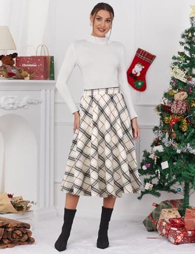 IDEALSANXUN Women’s A-line Plaid Midi Skirt with Elastic Waist