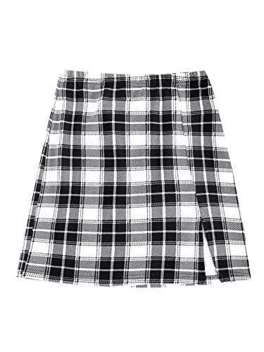 Floerns Women's High Waisted Mini Plaid Split Hem Casual Skirt — Dark Black White