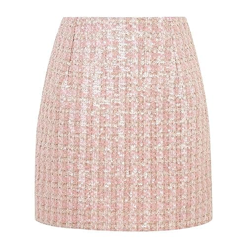 Women's Plaid Wool Mini Skirt for Fall and Winter — Tweed Sequin Pink