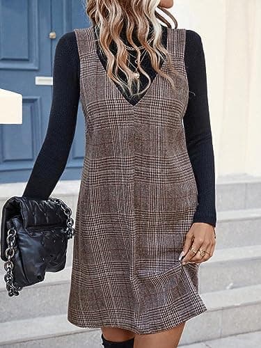 OYOANGLE Women's Plaid Print Sleeveless V-Neck Short Dress Pinafore