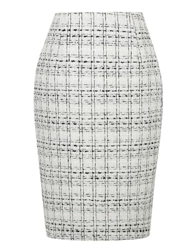 Womens Plaid Wool Pencil Skirt for Fall and Winter — Tweed White