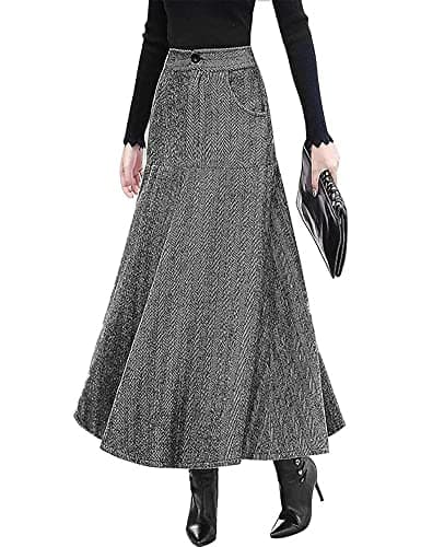 IDEALSANXUN Women's High Waist Vintage Pleated Wool Skirts for Fall and Winter — Black White