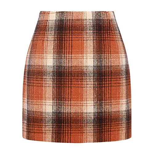 Yuemengxuan Women's Wool Plaid High Waist A-line Skirt — Mini Length Orange