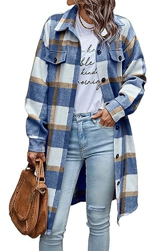PrettyGarden Women's Plaid Shacket Long Sleeve Button Up Flannel Winter Coat — Plaid Blue White