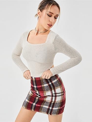Scacto Women's Casual High Waist Plaid Wool Mini Skirt