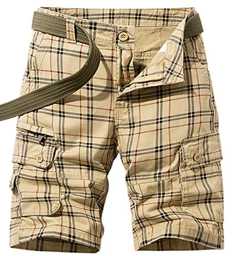Men's Multi-Pocket Cargo Shorts — Khaki-plaid