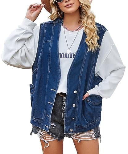 PAODIKUAI Women's Oversized Distressed Denim Vest Jackets — A9-blue