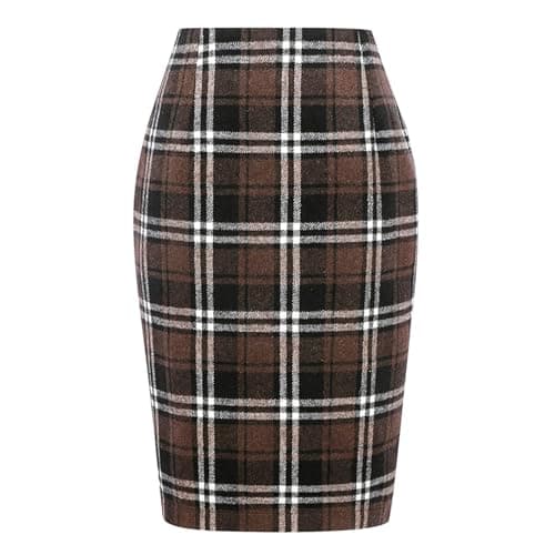 Yuemengxuan Women's Wool Plaid High Waist A-line Skirt — Midi Length Dark Coffee