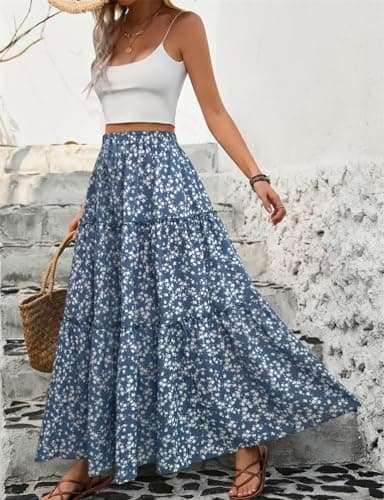IDEALSANXUN Women's 2024 Summer Boho Elastic High Waisted Tiered Maxi Skirt