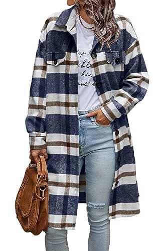 PrettyGarden Women's Plaid Shacket Long Sleeve Button Up Flannel Winter Coat — Plaid Navy