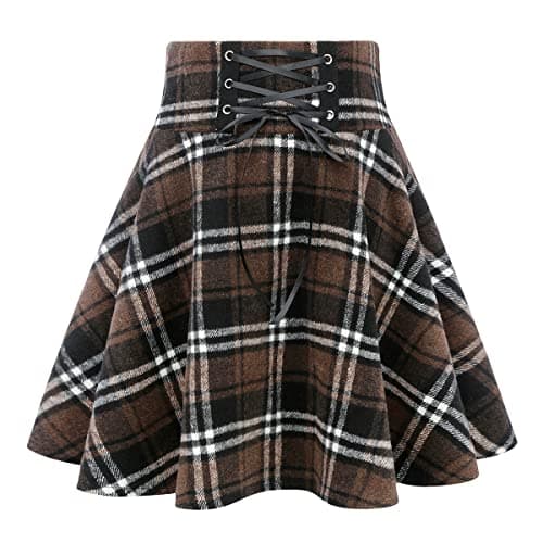 Wool Plaid Mini Gothic Skirts for Women — Coffee