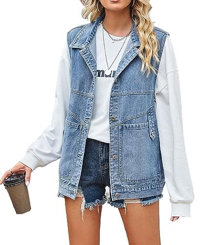 PAODIKUAI Women's Oversized Distressed Denim Vest Jackets — A3-blue
