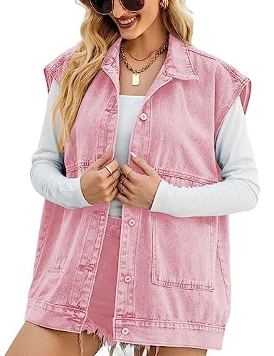 PAODIKUAI Women's Oversized Distressed Denim Vest Jackets — A-pink