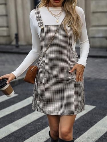 Milumia Women's Adjustable Straps Houndstooth Overalls Short Dress with Pocket