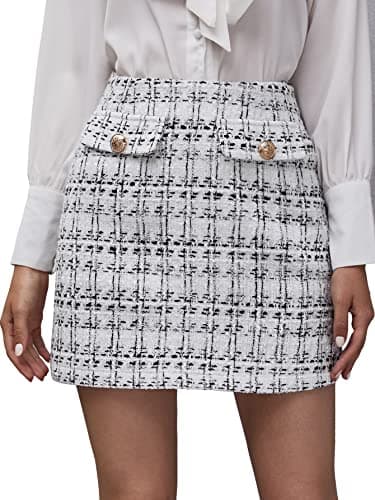 WDIRARA Women's Mid Waist Casual Plaid Above Knee Mini Skirt — Button White Black