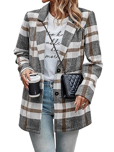 PrettyGarden Women's Plaid Winter Jacket With Pockets — Short Style Grey White