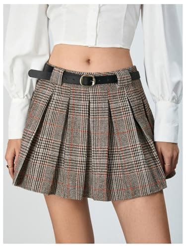 MakeMeChic Women's Flared Plaid Mini Skirt with A-Line Belt