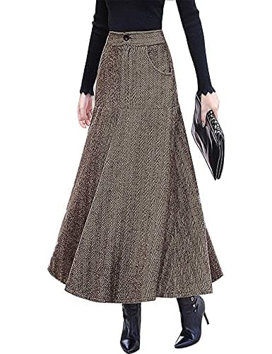 IDEALSANXUN Women's High Waist Vintage Pleated Wool Skirts for Fall and Winter — Coffee 6