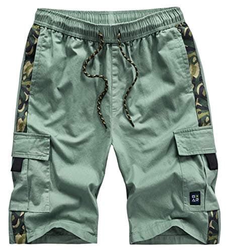 XinYangNi Men's Cargo Shorts Elastic Waist Casual Outdoor Lightweight Work Shorts Multi-Pockets — Pea Green1