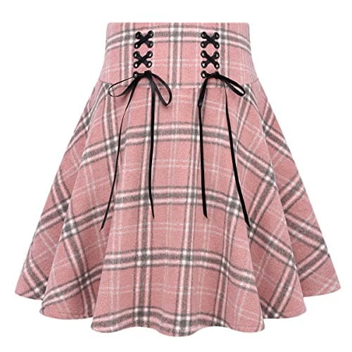 High Waist Lace Up A-line Plaid Skirt for Women — Pink