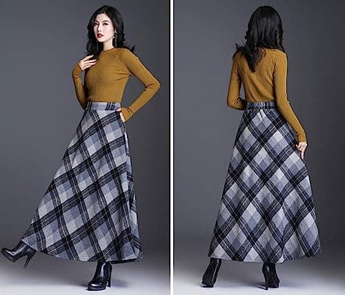 Vintage High Waist Wool Blend Plaid A-Line Maxi Skirt for Women