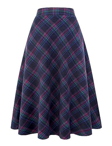 Women's Long Plaid Wool Skirt for Winter: High Waisted A-line Flare — Navy Blue