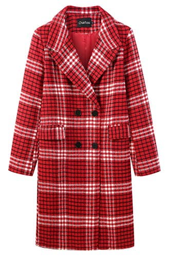 CHARTOU Women's Winter Oversize Woolen Plaid Peacoat Jacket — Red