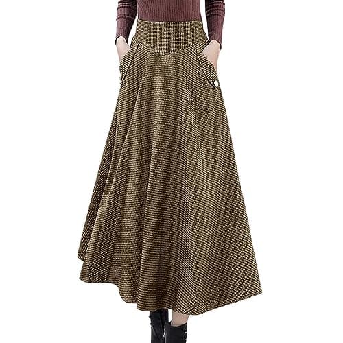 High Waist Plaid Wool Maxi Skirt for Women - A-Line Flared Style — Khaki Plaid