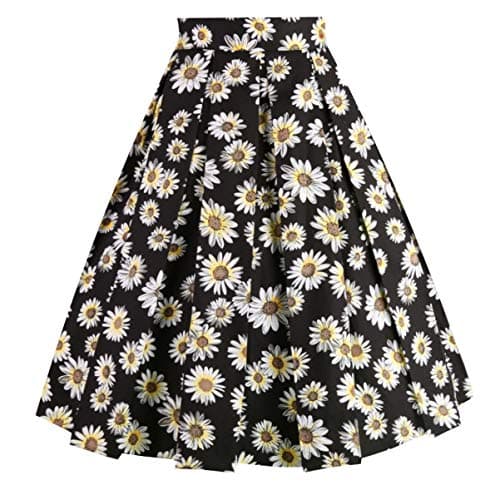 Girstunm Women's Floral Print A-line Midi Skirt with Pockets — Black-daisy